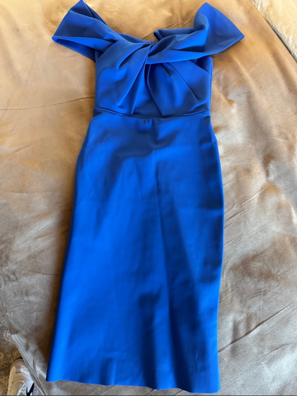 Tarik Ediz Cobalt off the shoulder Midi Dress with Twist Bow